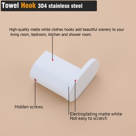 RANDOM Towel Hooks for Bathrooms White Coat Hook Wall Mount Shower Hooks,Heavy Duty Wall Robe Hook Stainless Steel Hand Towel Holder,2 Packs.96026-8MW