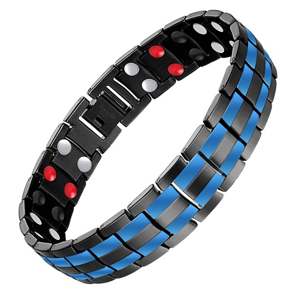 Feraco Mens Magnetic Bracelet Titanium Steel Magnetic Bracelet with Double Row 4 Elements Magnets (Black & Double Blue Line)