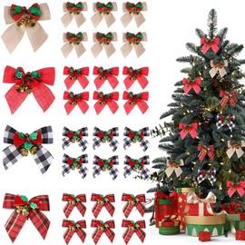YBB 24 Pack Christmas Tree Bows, Buffalo Plaid Linen Bowknot Red Wreath Bow with Jingle Bells for Christmas Garland Tree, Crafts, Wrapping, Wreath Xmas Hanging Ornaments Decor