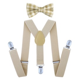 SUNTRADE Kids Clip-on Suspenders Elastic Y-Shape Adjustable and Bow Tie Set for Christmas Party Costume Dress (Champagne)