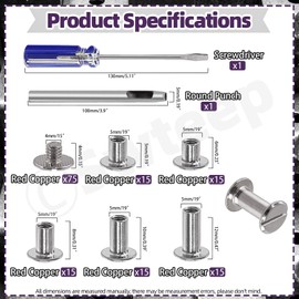 Swpeet 152 pieces M5 x 5 mm, 6 mm, 8 mm, 10 mm, 12 mm silver screws, leather rivets, assorted with hole punch and screwdriver, round flat head stud screw for DIY leather crafts and bookbinding