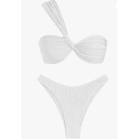 ZAFUL Women's One Shoulder Bikini Twisted Ruched High Cut Bandeau Bikini Set Two Piece SwimsuitColor: White, Size: S