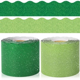 Whaline 131.2ft St. Patrick's Day Bulletin Board Borders Glitter Green Die-Cut Border Trim for Irish Holiday Chalkboard Decoration, 2 Rolls