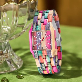 Dentily Women Square Wood Watches Handmade Wooden Quartz Ladies Womens Watch Women's Wooden Watch