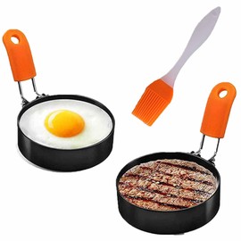 Egg Ring, Stainless Steel Egg Ring Molds with Anti-Scald Handle and Oil Brush Non Stick Circles for Fried Egg McMuffin Sandwiches Frying, Breakfast Household Kitchen Cooking Tool Omelette