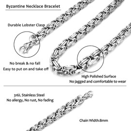 Krfy Chain and Bracelet Set Men's Stainless Steel Byzantine Chain Silver 8 mm Wide Byzantine Plate Chain Thick Heavy Chain Hip Hop Punk Jewellery for Men Boys Length 51/61/71 cm, Stainless Steel, No