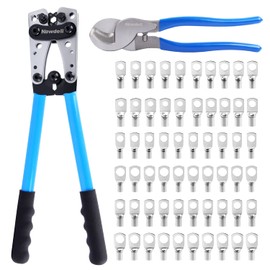 Newdeli Battery Cable Lug Crimping Tool 10-1/0 AWG with Wire Cutter and 60Pcs Copper Ring Terminals 8 Sizes Cable Lugs Set, Heavy Duty Wire Crimper for Battery Wire Terminal