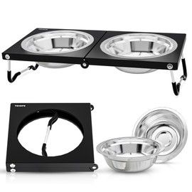 Raised Cat Bowls,Elevated Bowls for Indoor Cats with Height-Adjustable Stand,Non-Slip Stainless Steel Cats Bowl,10° Tilted Cat Food Bowls (Black Collapse, 1Pack)