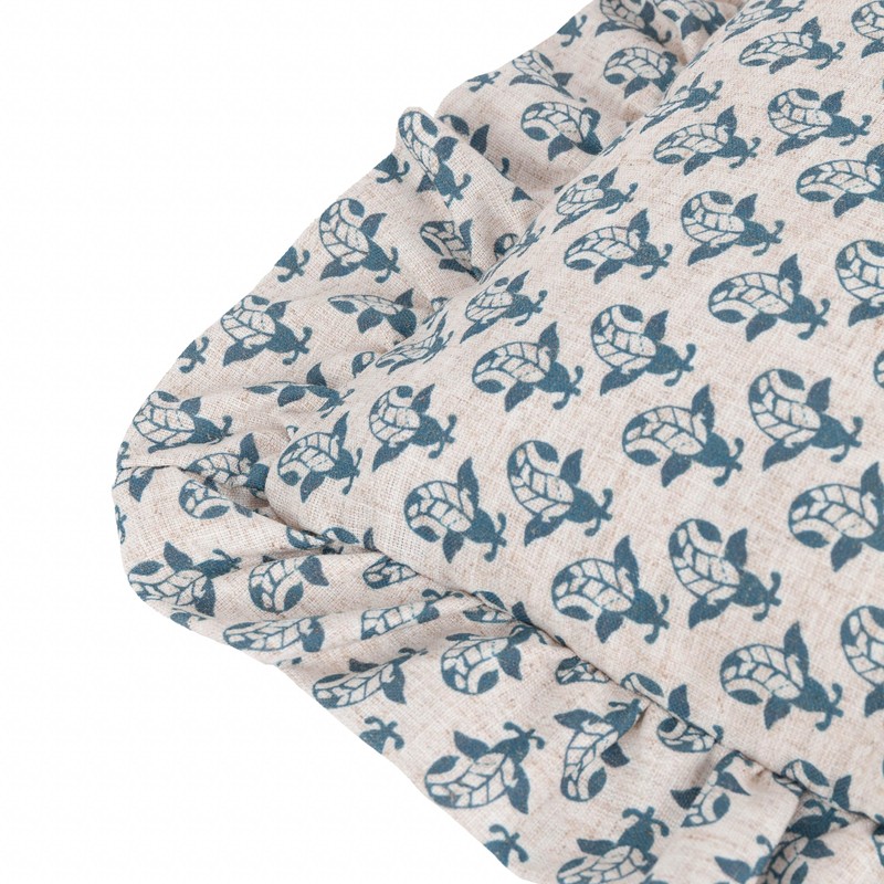 furn. Lulah Block Printed Ruffle Cushion Cover - Linen/Blue -