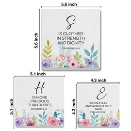 3 Pcs Inspirational Women Wood Signs Decor Encouragement Wood Block Signs for Women Religious Floral SHE Wooden Box Signs Decorations for Home Bedroom Bathroom Tiered Tray Desk Shelf