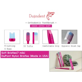 DUJINDENT Orthodontic Toothbrush for Braces [4 Packs][Made in Korea] V Trim Cutting American Bristles Braces Toothbrush for Brackets and Wires Cleaning (Shark Ortho Soft, 4 Pack)