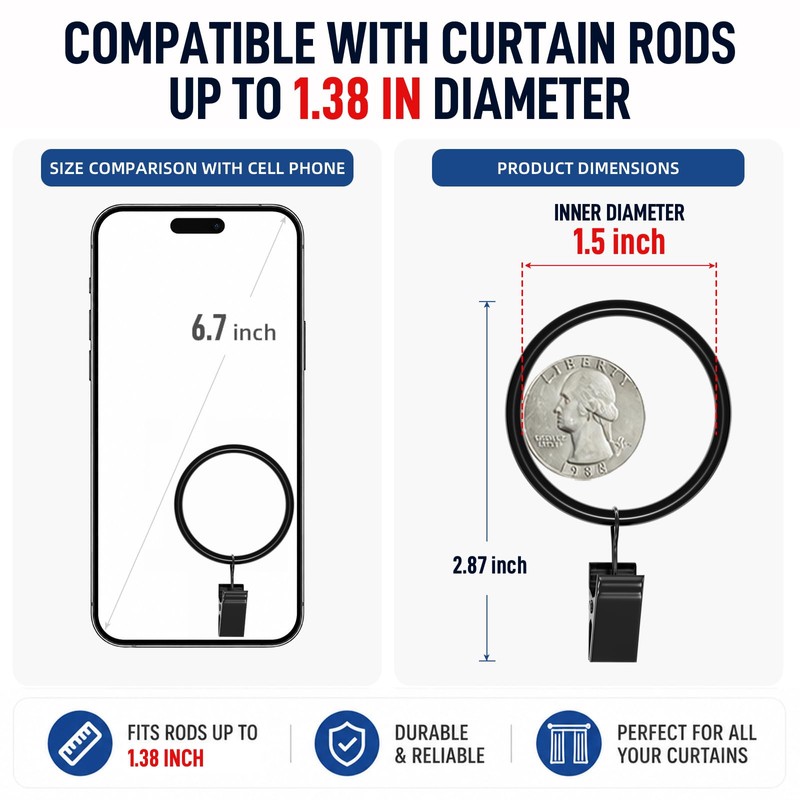 40pcs Rustproof Drapery Matte Stainless Steel Metal Curtain Rings with