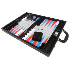 16-inch Premium Backgammon Set - Medium Size - Black Board, Scarlet Red and Patriot Blue Points