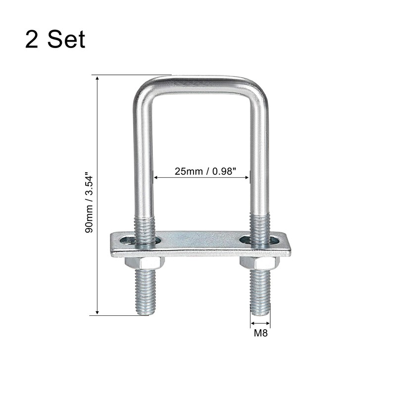 uxcell Square U-Bolts 1"(25mm) Inner Width 90mm Length Carbon Steel