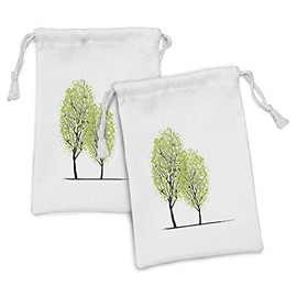 Ambesonne Tree of Life Fabric Pouch Set of 2, Green Spring Trees with Birds Sitting on the Branch Warm Season Life, Small Drawstring Bag for Toiletries Masks and Favors, 9" x 6", Green Black Blue