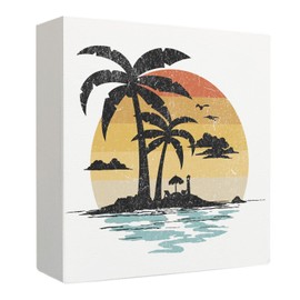 Qabliqo Summer Decor, Summer Beach Tropical Palm Tree Wooden Box Sign, Beach Decorations for Home Coastal, Summer Home Decor, Retro Summer Beach Wood Signs for Home Desk Shelf Table Decor, 5x5 Inch