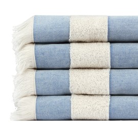 Lightweight Turkish Beach Towel - 100% BCI Cotton, Unbleached Raw Fringe, Oeko-TEX Certified, Absorbent, Eco-Friendly, 36x66 in, 1 lb, Natural Stripe, Portable Sarong Blanket for Pool, Travel, Gift