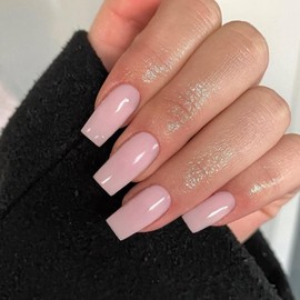 Light Pink Press on Nails Long Square, KXAMELIE Medium Coffin Nails Press ons Long Glue on Nails Natural Thick Fake Nails Acrylic Reusable 24 Solid Color for Women