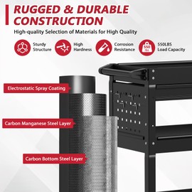 3 Tier Rolling Tool Cart on Wheels, Heavy Duty Industrial Utility Cart Service Cart with Drawer and Screwdriver Rack Pegboard, 550 LBS Mobile Tool Storage Organizer for Workshop, Garage(Gray)