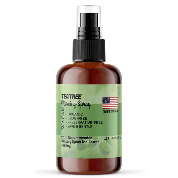 WACAN Fast-Healing Tea Tree Piercing Spray Solution Organic Essential Oil with Natural Sea Salts and Vitamins Solution Aftercare (4 OZ, Personal Size)