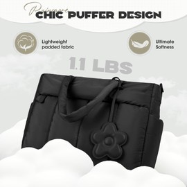 RAINSMORE Tote Bag for Women Lightweight Puffer Tote Bag with Compartments and Shoulder Strap Quilted Travel Tote Bag Nurse Bag Shoulder Bag Handbag Carry On Bag for Travel, Work, Black