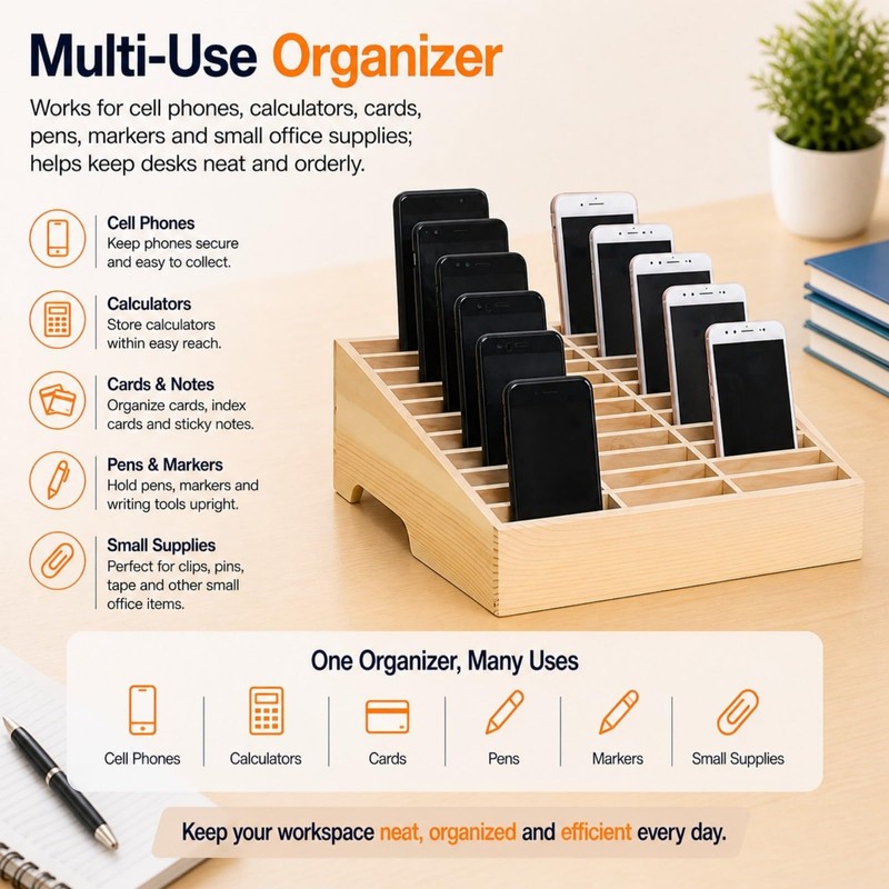 XICHENGSHIDAI 36-Slot Classroom Cell Phone Holder, Wooden Organizer