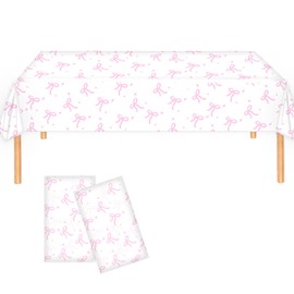 2 PCS Coquette Pink Bow Tablecloth Coquette Birthday Decorations Plastic Pink Bow Theme Party Table Cover for Girl Birthday Bachelorette Bridal Engagement Wedding Sweet Baby Shower Party Supplies