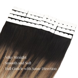 Vlasy Tape in Hair Extensions Human Hair 16 Inch Invisible Straight Seamless Skin Weft Mini Tape Extensions Real Human Hair T2/27+T2/60# 16 Pcs
