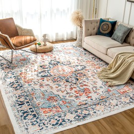 VK VK·LIVING Machine Washable Rug 4'x6' Vintage Design Washable Area Rugs with Non Slip Rugs for Living Room Bedroom Traditional Woven Rug Carpet Stain Resistant,Home Decor Office Boho Rug,Blue&Orange