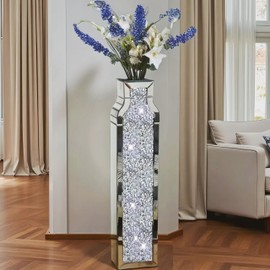 30" Tall Floor Vase, Double Sided Crushed Diamond Mirrored Vases,Large Flower Vase for Home Decor, Mirror Glass Decorative for Living Room,Office,Centerpiece (Crushed Diamond:4.7''L X 6.8''W X 30''H)