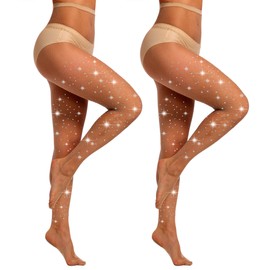 MANZI 2 Pairs Rhinestone Fishnet Tights for Women High Waist Glitter Fishnet Stockings Sparkly Natural