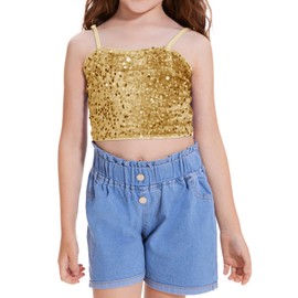 CharmWM Girls Sleeveless Tank Top Sequin Spaghetti Strap Crop Cami Camisole Sparkly Dance Blouse Gold