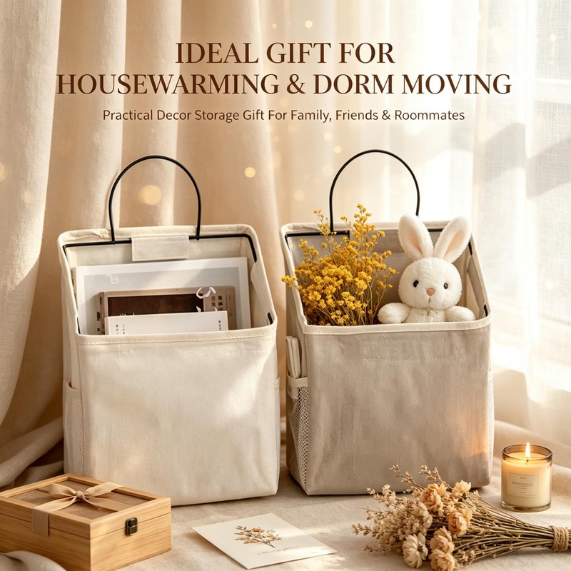2pcs Linen Cotton Multi-Pocket Wall Hanging Bag with Hooks (Grey)