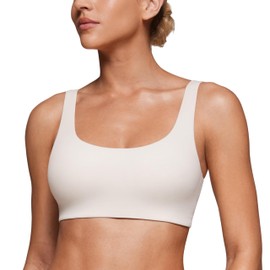 CRZ YOGA Softhold Women's Double Lined U Back Bralettes - Scoop Neck Unlined T-Shirt Everyday Bras Smooth Wireless Cami Milky White Medium