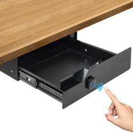 Under Desk Drawer Storage with Fingerprint Lock, Slide Out Metal Organizer Drawer Mounts to Desktops Tables and Workbenches for Office & Home 16"x11.8"x3.6", Black