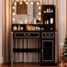 Lareth Vanity Desk with Lighted Mirror, 39.4 inch Vintage Makeup Table with Power Outlet, Bedroom Vanity Dressing Table with Adjustable Lights & 2 Drawers, Gifts for Teen Girls Women, Black