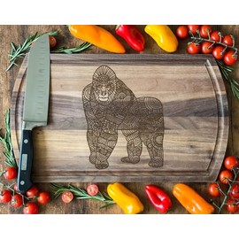 Gorilla Mandala-Patterned Walnut Board, 16.75x10 in: Prominent Face Detail, Wildlife Kitchen Accessory, Durable, Artistic.