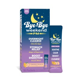 Bye-Bye Weekend PM - Overnight Recovery Drink, Stomach Relief, Digestion Boost, Full-Body Cleanse - with Ginger, Peppermint, Enzymes, & Chlorella - Ginger Peach Drink Packets