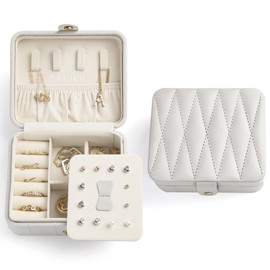 KAMIER Kleine Schmuckkästchen,Reise Schmuckschatulle für Damen,Reiseschmuckaufbewahrung Diamant gestepptes Leder Schmuckbox,Reise Schmucketui für Ringe,Halskette,Ohrringe,Armbänder,Geschenk,Grau