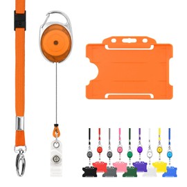 LanyardsTomorrow Retractable Lanyard & ID Card Holder 3 Pack Set Includes One Plain Lanyard, Retractable Carabiner Clip, Yoyo Reel Clip and Rigid Badge Holder (Orange)
