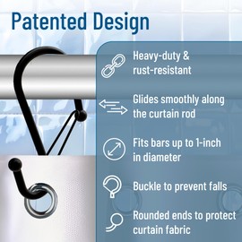 Blau Marité Set of 12 Black Metal S Hook Shower Hooks 1” – Closed, Heavy Duty, Long Decorative Shower Curtain Hooks, Easy Glide, Buckle, Large Rust Resistant Rings for Bathroom Rods (Black, S)