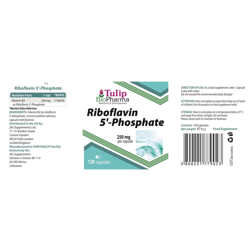 Tulip BioPharma Vitamin B2 (Riboflavin 5'-Phosphate) 250mg 120 Capsules, 3rd