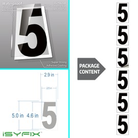 iSYFIX Black Vinyl Number 5 (Five) Stickers - 6 Pack 5 inch - Premium Decal, White Background, Pre-Spaced for Mailbox, Signs, Window, Door, Cars, Trucks, Home, Business, Address, Indoor & Outdoor