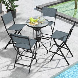 COSTWAY Outdoor Patio Bar Chair Set of 4, Folding Bar Height Stool with Metal Frame & Footrest, Patio Bar Stool for Balcony, Garden & Poolside (4, Blue)