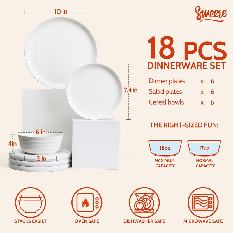 Sweese Plates and Bowls Sets,18 Pieces Modern Porcelain Dinnerware Set