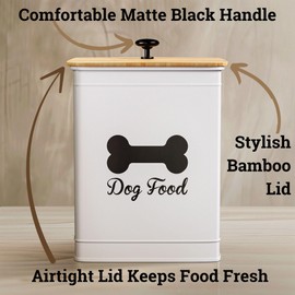 Dog Food Container Airtight 5-7 lb (25 Cup) Capacity - Cute Airtight Dog Food Storage Container with Bamboo Lid & Sturdy Metal Handle - White Metal Kibble Storage Bin for Dogs up to 50 lbs - Pet Jar