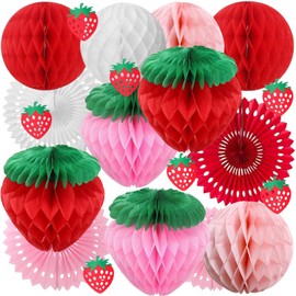 Strawberry Party Decorations, Red Pink White Paper Fans Honeycomb Balls Lanterns Garland Classroom Nursery Berry Sweet Fruits 1st One Birthday Bridal Baby Shower Decor Supplies