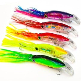 Pfeibk 5pcs Large Squid Saltwater Fishing Lures, Soft Plastic Swimbaits Squid Fishing Lures Skirt Tail Simulation Jerkbait, Bass Fishing Soft Plastic Lures Octopus Skirt Worm Lure with Treble Hooks