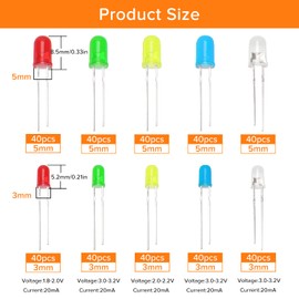 Lyeteung 400 PCS 3mm/5mm LED Diode Kit, 2-Pin Light Emitting Diode with Diffused Colored Len, Round Head LED Diode, White/Green/Red/Blue/Yellow