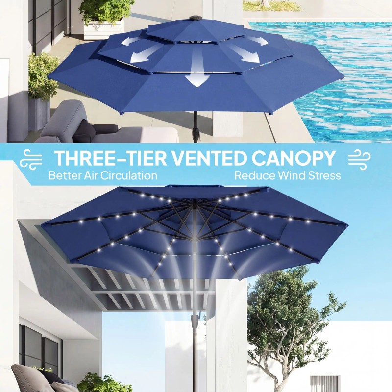 "Solar-powered 9.7 ft Navy Blue Patio Umbrella with 3 Tier